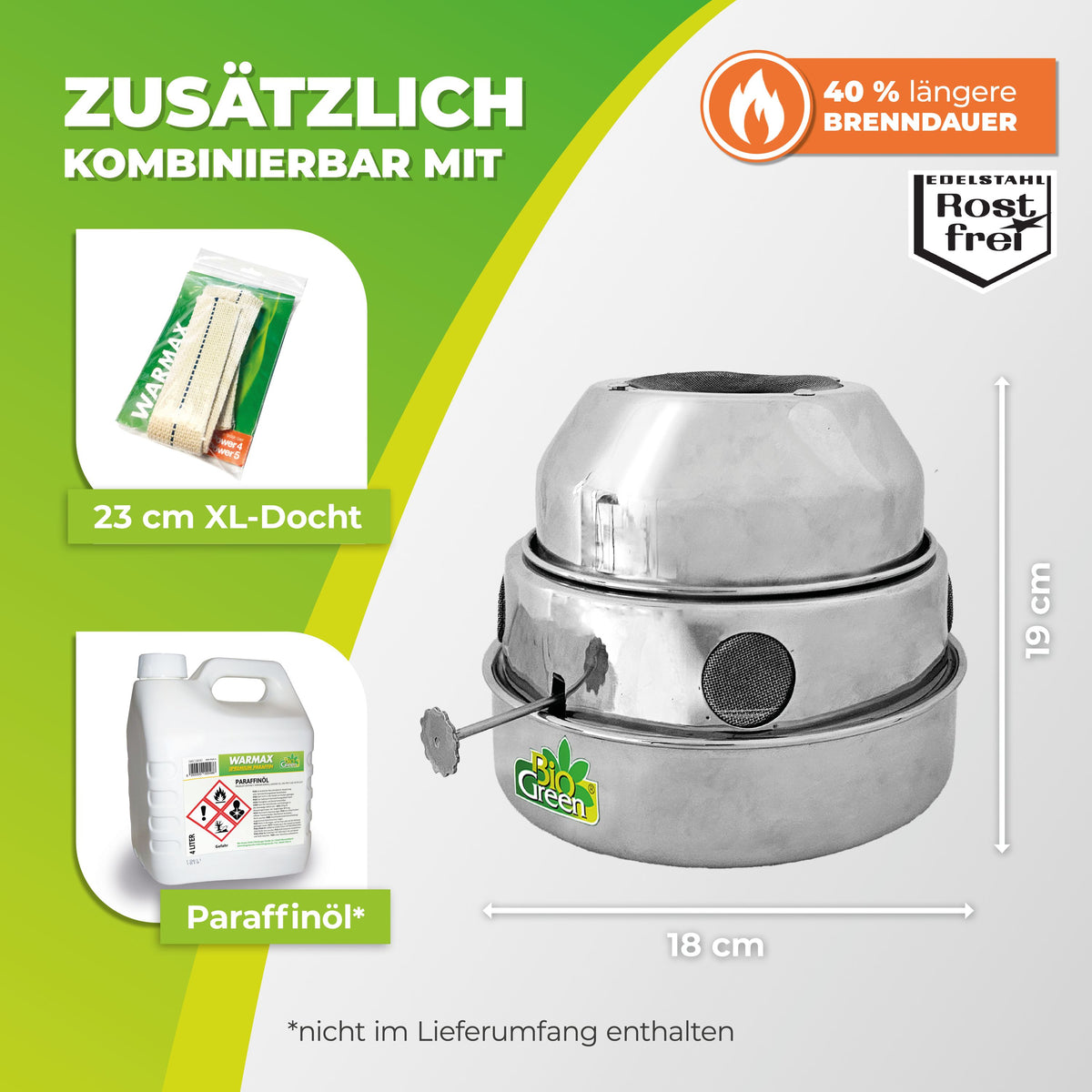 BioGreen Paraffin-Gewächshausheizung Warmax Antifrost aus Edelstahl Zubehör und Abmessungen