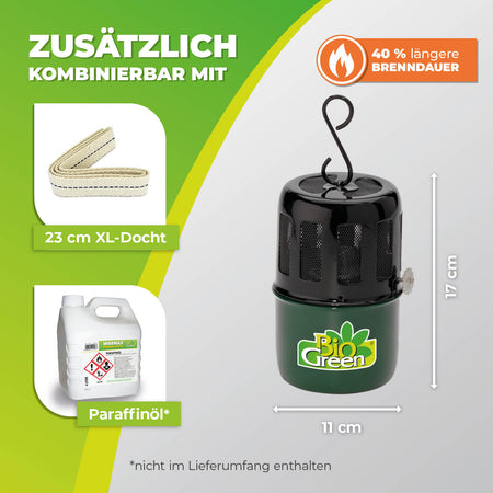 BioGreen Paraffin-Gewächshausheizung Warmax Mini aus Stahl Zubehör und Abmessungen