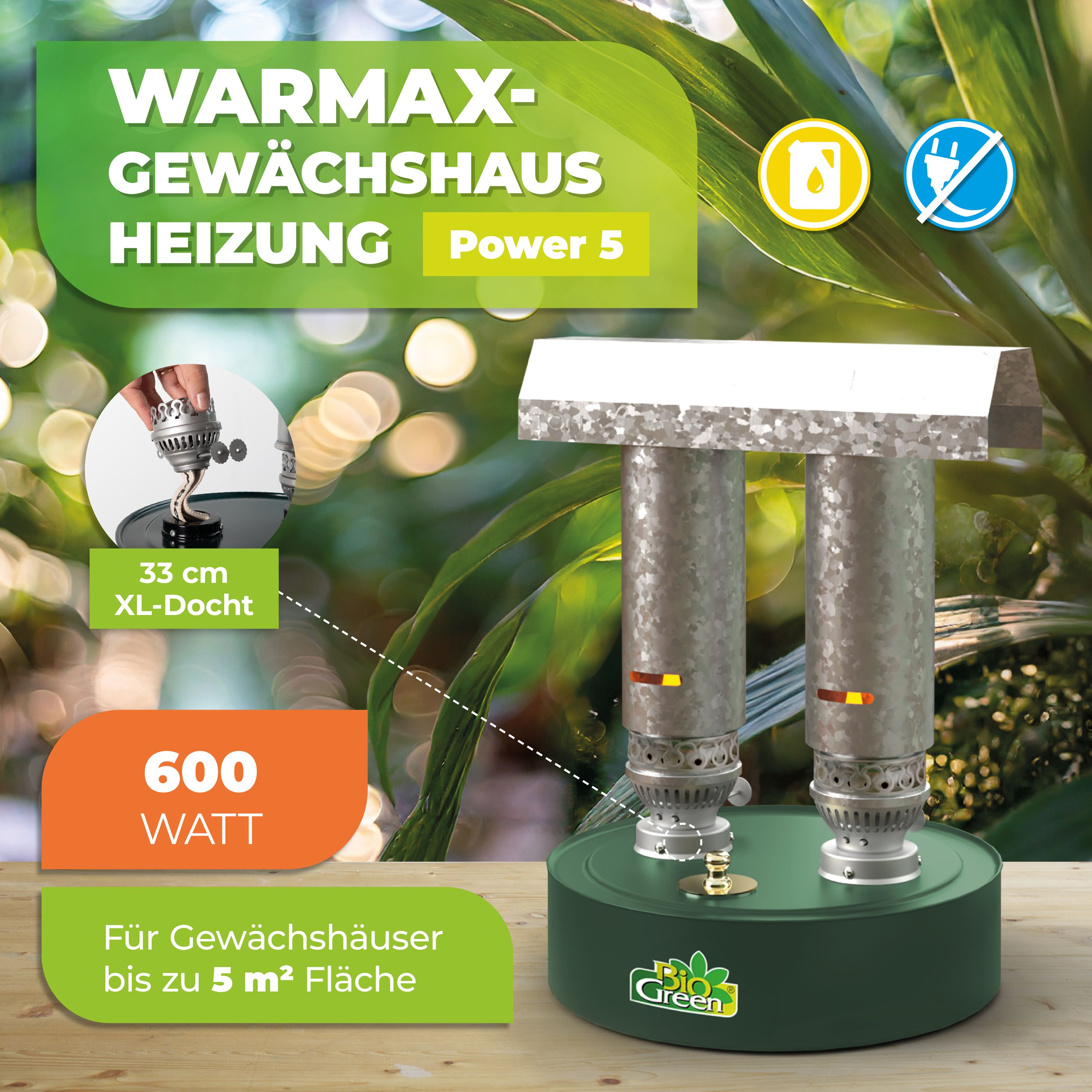 Übersicht BioGreen Paraffin-Gewächshausheizung Warmax Power 5