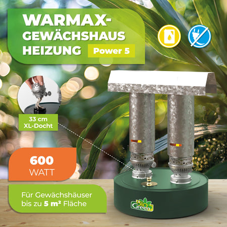 Übersicht BioGreen Paraffin-Gewächshausheizung Warmax Power 5