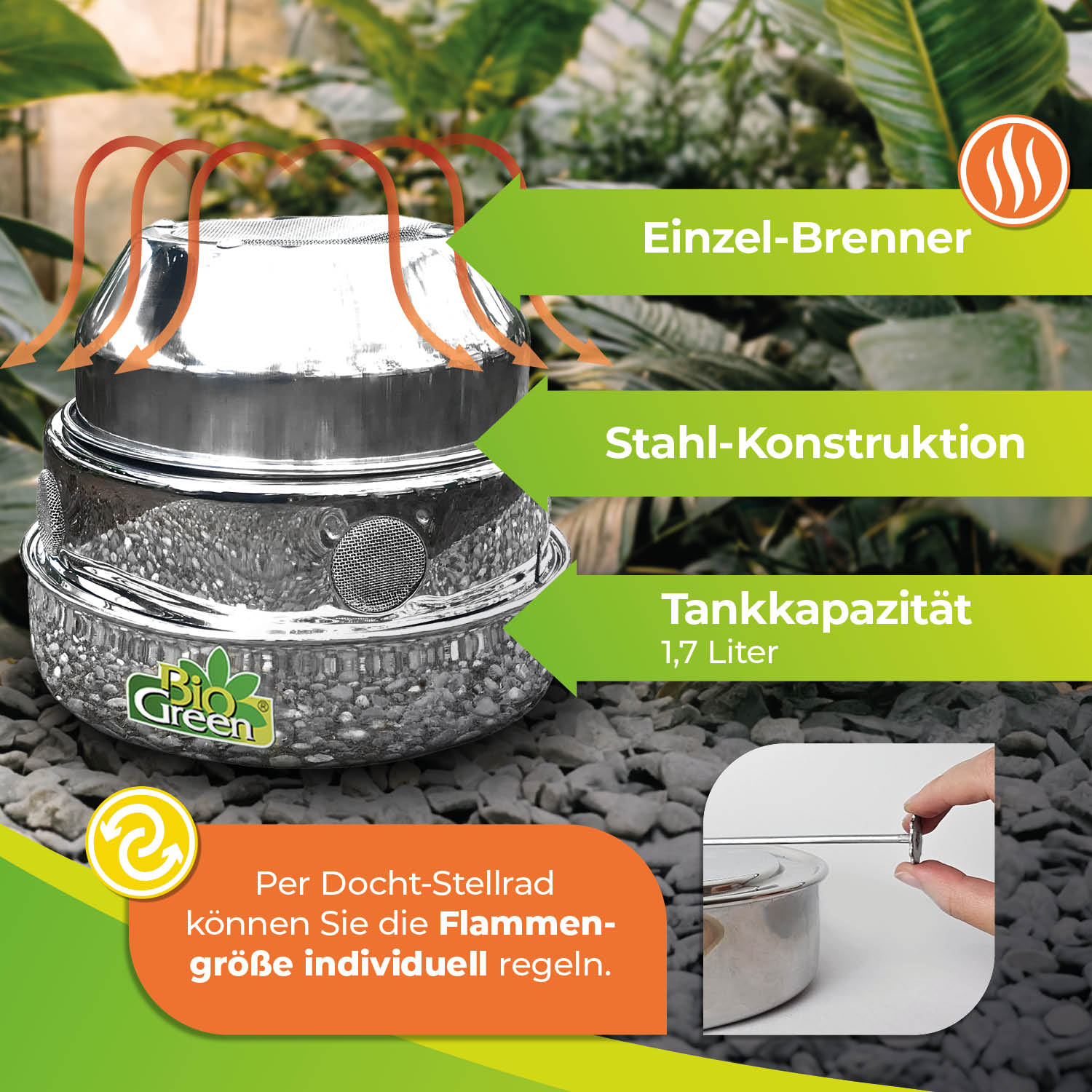 BioGreen Paraffin-Gewächshausheizung Warmax Antifrost aus Edelstahl Features 2