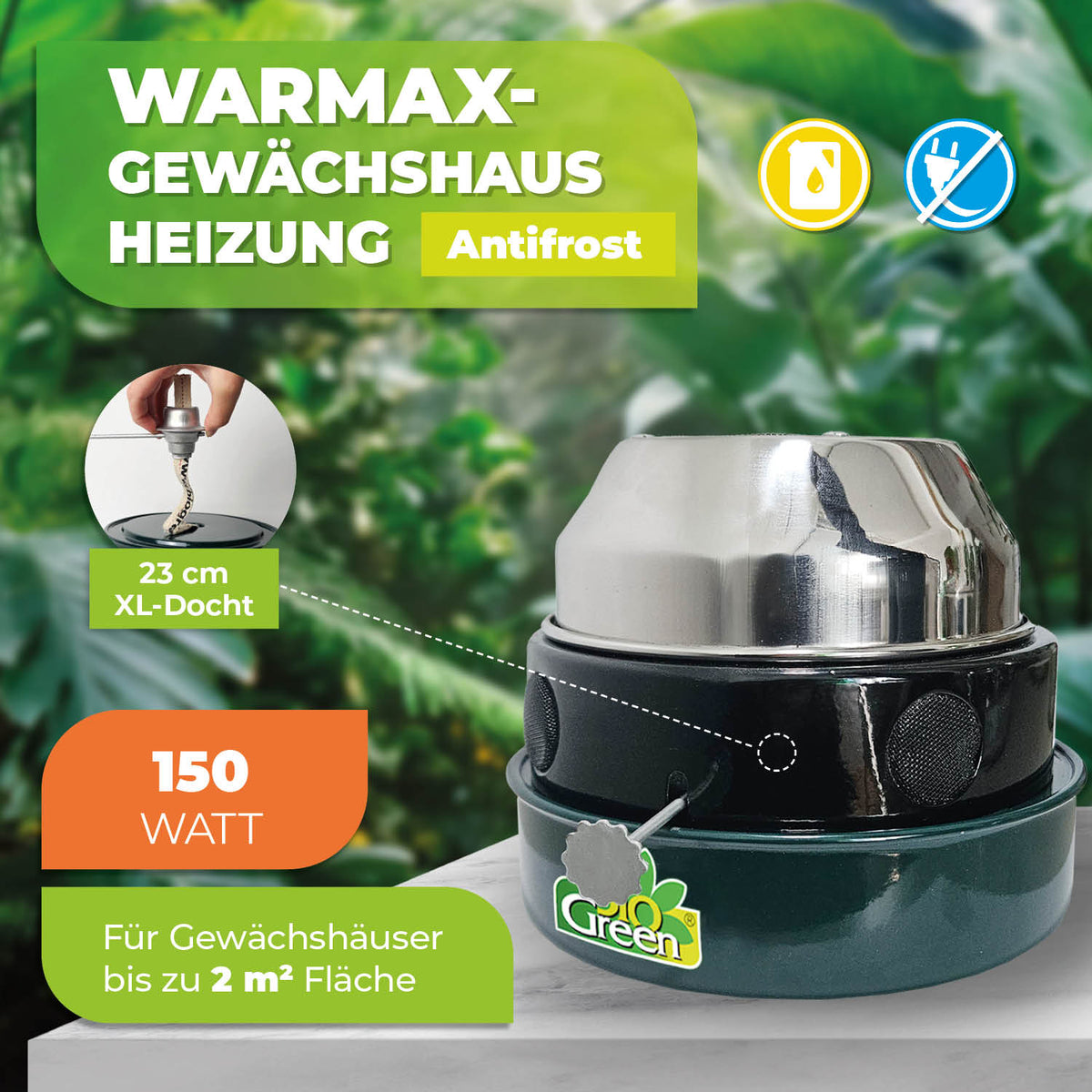 BioGreen-Paraffin-Gewächshausheizung Warmax Antifrost  aus Stahl Features1