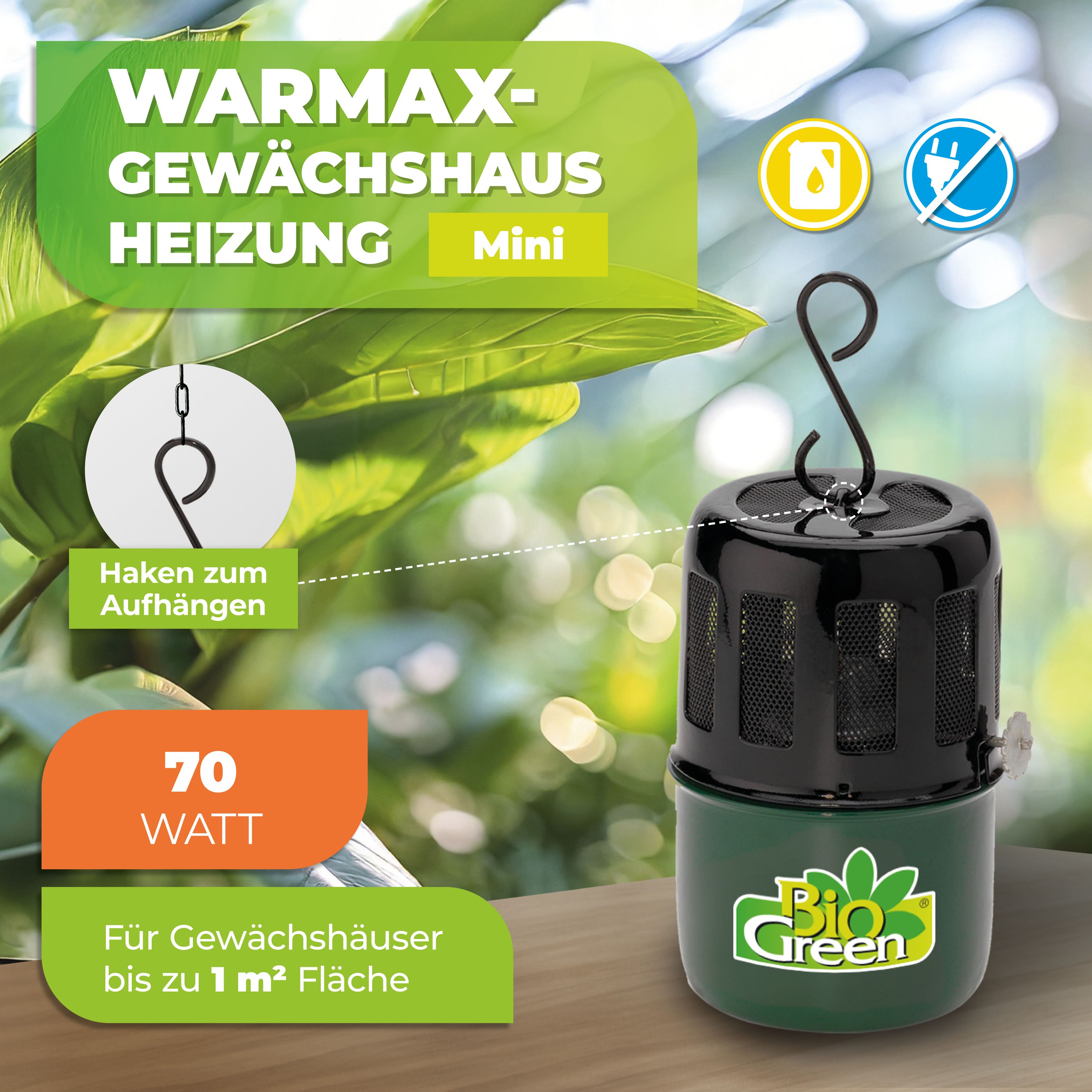BioGreen Paraffin-Gewächshausheizung Warmax Mini aus Stahl Features1