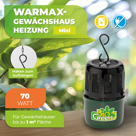 BioGreen Paraffin-Gewächshausheizung Warmax Mini aus Stahl Features1