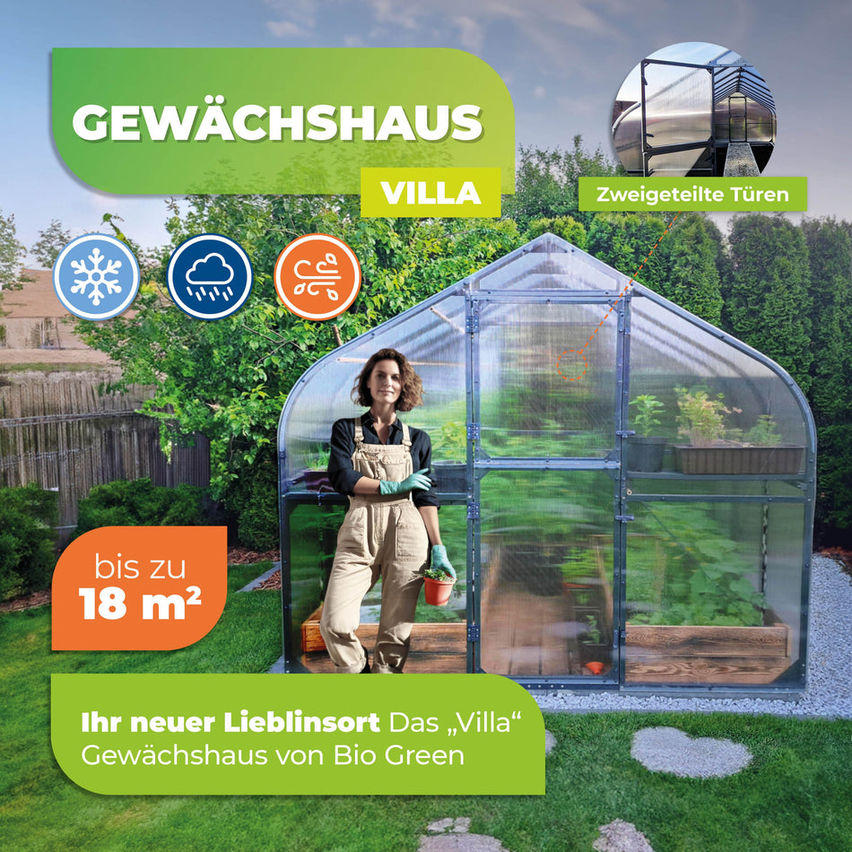 Gewächshaus "Villa" mit robustem Stahlrahmengestell in 5 Größen erhältlich