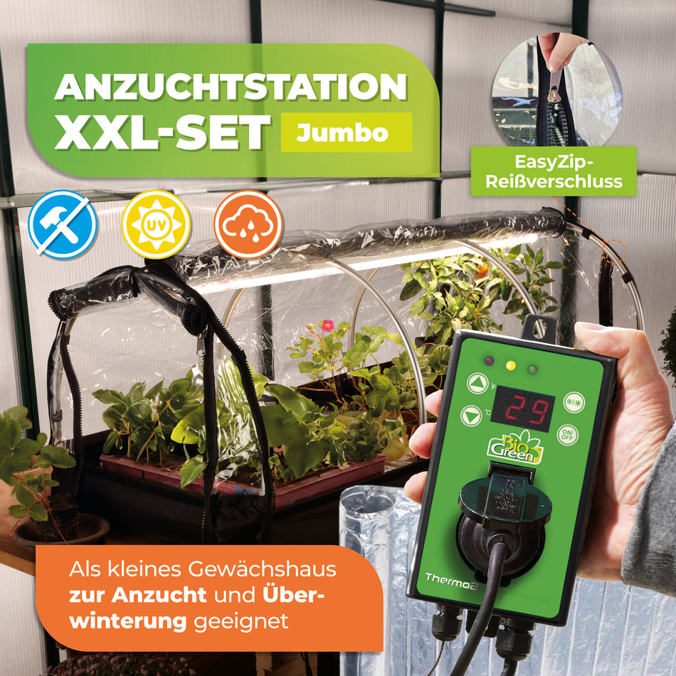 Anzuchtstation XXL "Jumbo" mit Heizmatte, Thermostat und LED-Lichtleiste "Florabooster 200" - 90 cm