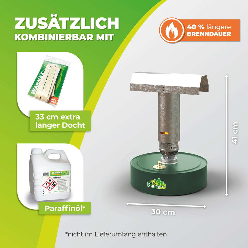 BioGreen Paraffin-Gewächshausheizung Warmax Power 4 aus Stahl Zubehör und Abmessungen