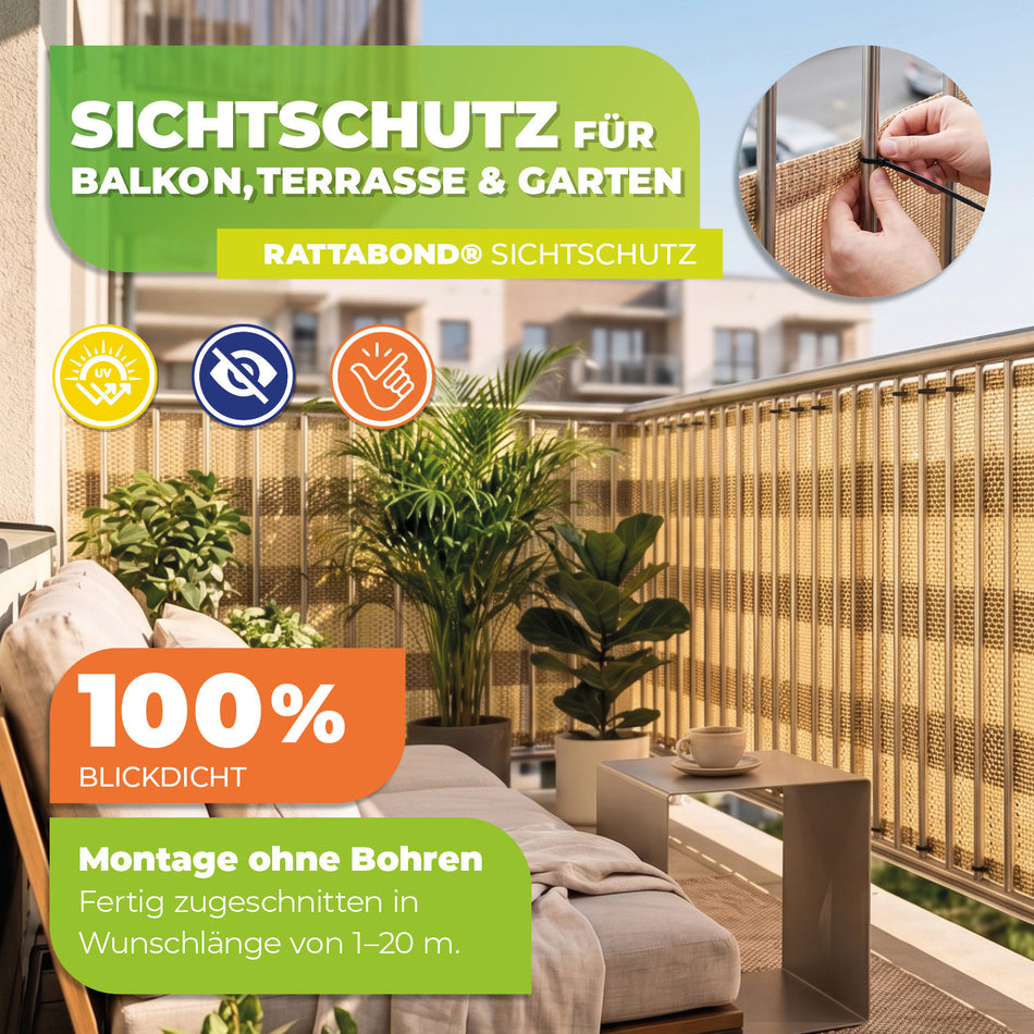 RATTABOND Balkonsichtschutz Strohfarbend — Extra langlebig, blickdicht & UV-beständig