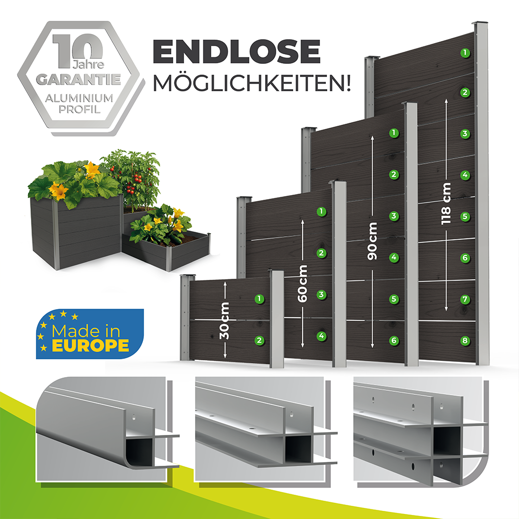 4-Modul Hochbeet ErnteMAXX 75 in Reihe aus WPC – in 3 Höhen verfügbar