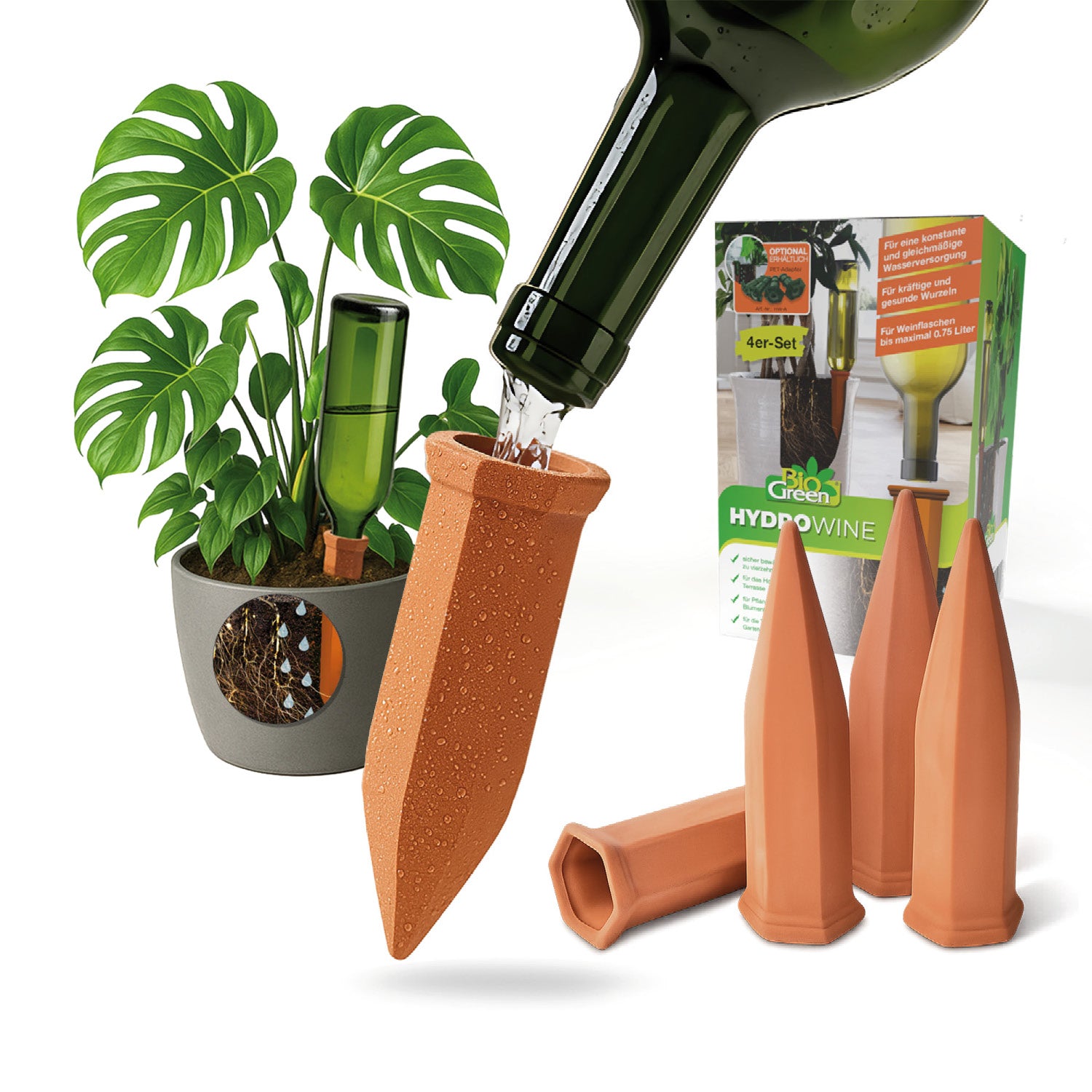 Topfpflanzenbewässerung „Hydro Wine“ 4 Stk. Tonkegel für Wein- & PET-Flaschen