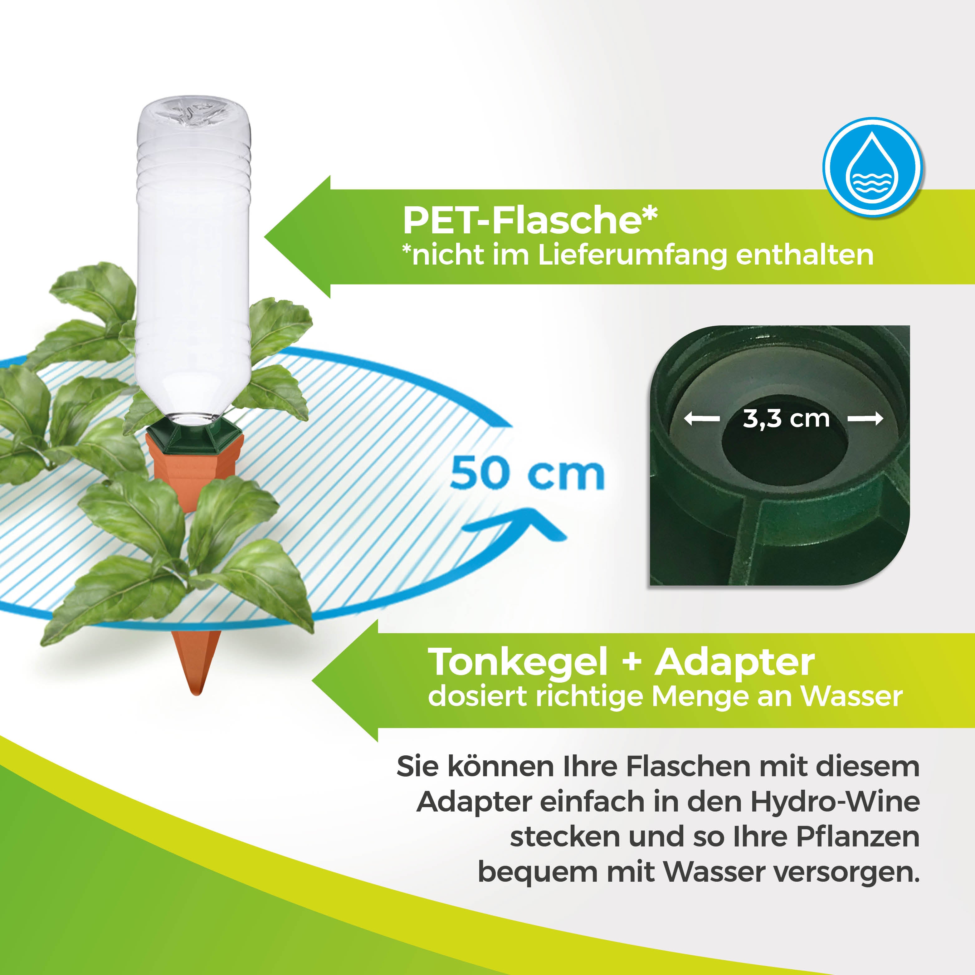 Topfpflanzenbewässerungs-SET „Hydro Wine + Adapter“ 4 Stk. Tonkegel für Wein- & PET-Flaschen