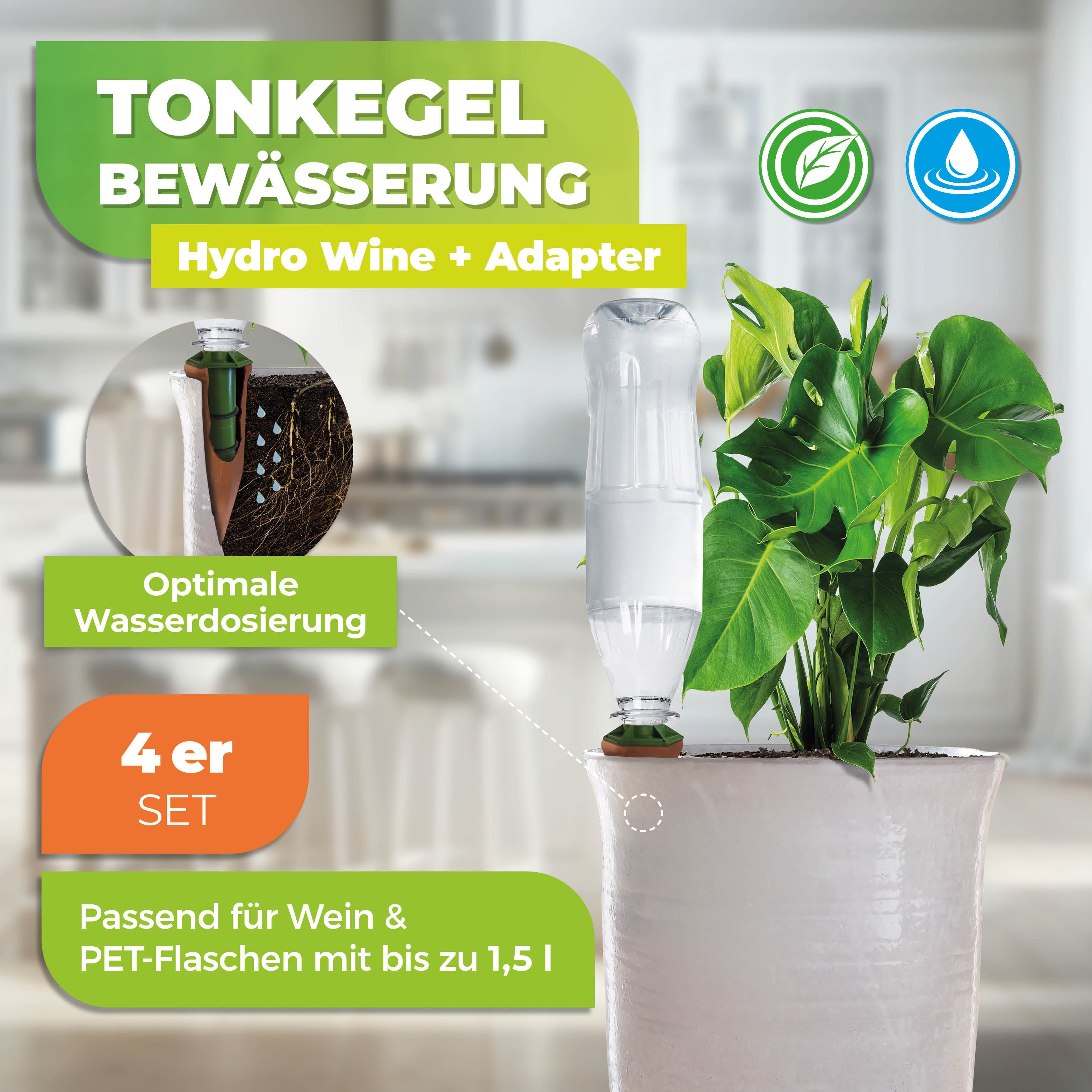 Topfpflanzenbewässerungs-SET „Hydro Wine + Adapter“ 4 Stk. Tonkegel für Wein- & PET-Flaschen