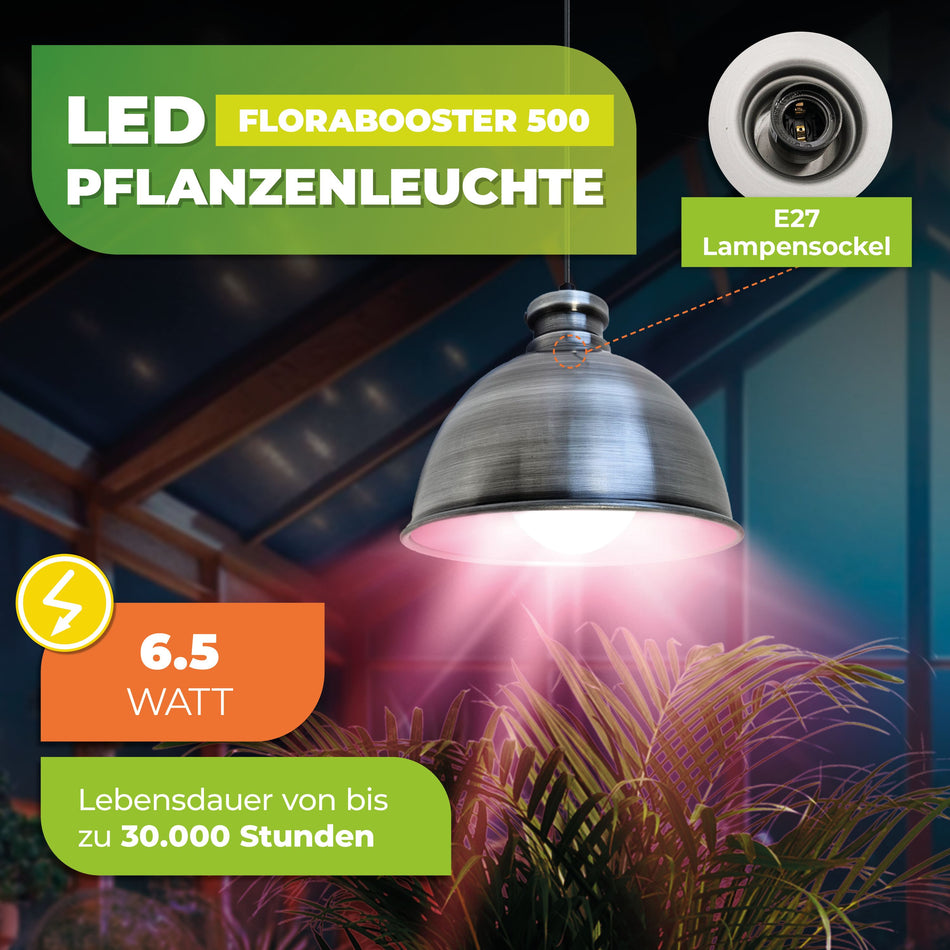 Pflanzenlampe "FLORABOOSTER 500" mit 6,5 Watt und Zink Vollspektrum LED