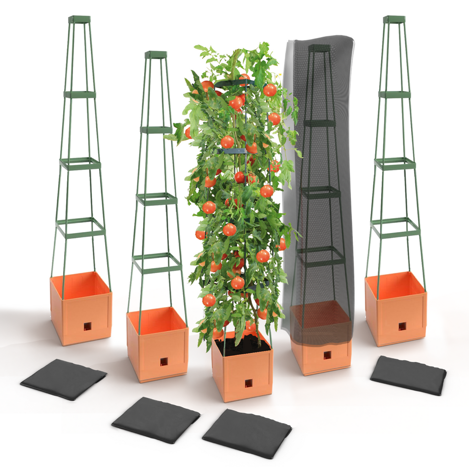 Set of 5 "Maxitom" plant towers with plant protection net, 150 cm, colour: terracotta