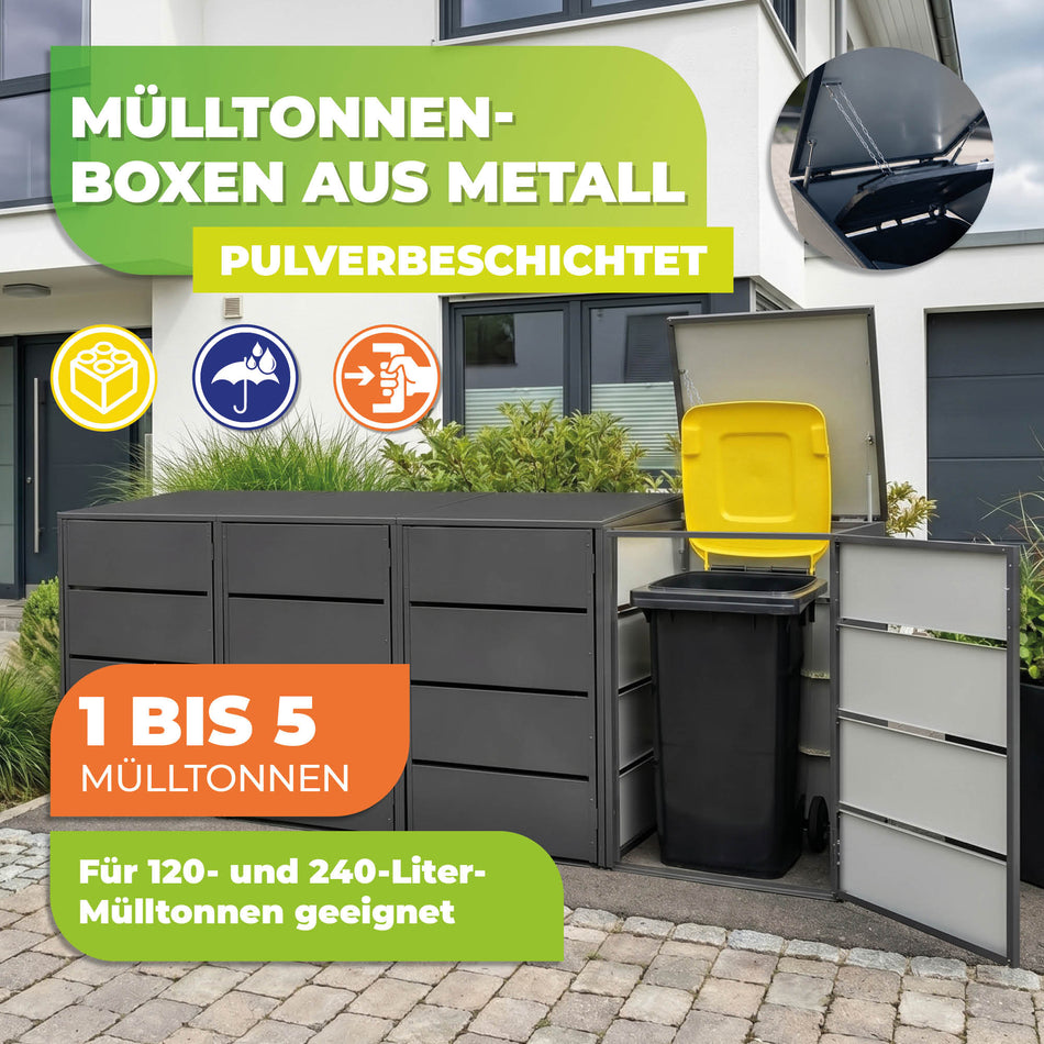 Mülltonnenbox 2er aus Metall, Hochwertig & Rostfrei, Anthrazit, Grifflos 120 - 240 L