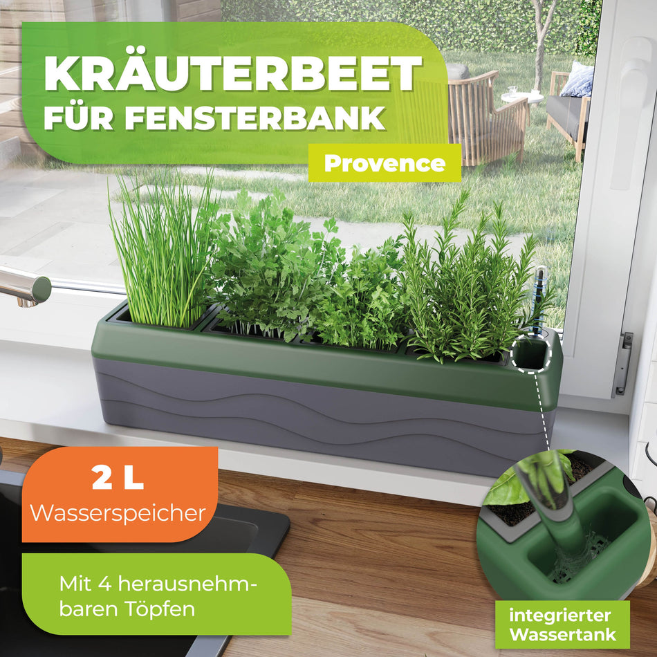 Kräuterbeet "PROVENCE" für die Fensterbank mit 4 herausnehmbaren Töpfen