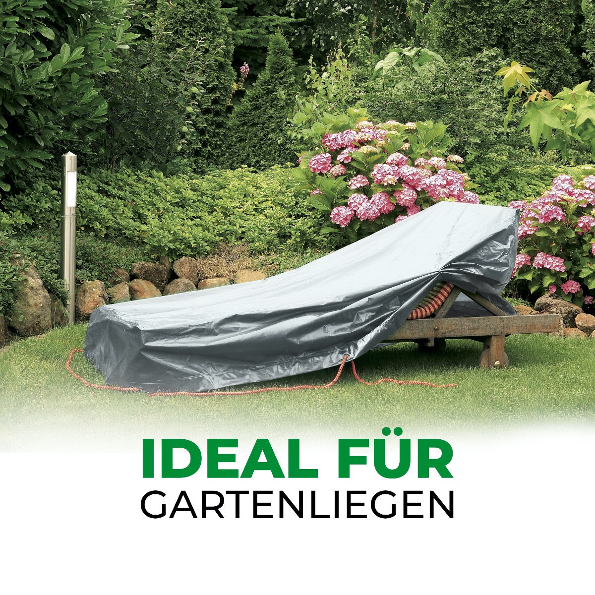 Rainexo Abdeckhaube für Gartenliege - silbergrau - Milieubild