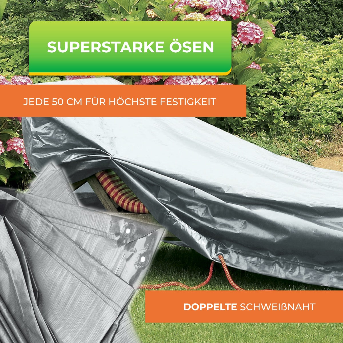 Rainexo Abdeckhaube für Gartenliege mit robusten Ösen und doppelter Schweißnaht - silbergrau