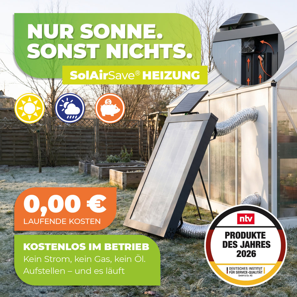 Gewächshausheizung Solar SolAirSave – Heizen mit Sonnenenergie ohne Stromkosten