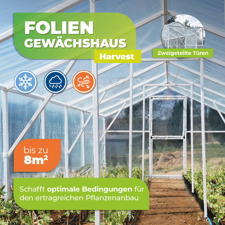 Folien Gewächshaus "Harvest" mit PVC Rahmengestell in 7 Größen erhältlich - BioGreen GmbH