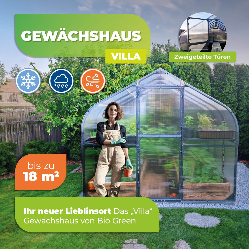 Gewächshaus "Villa" mit robustem Stahlrahmengestell in 5 Größen erhältlich - BioGreen GmbH