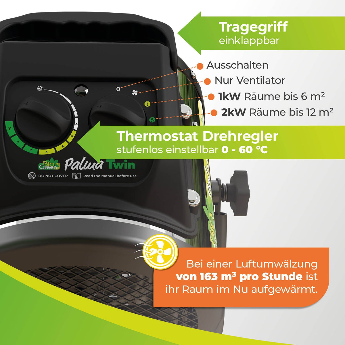 Gewächshausheizung "Palma TWIN" mit manuellem Thermostat 1000 W / 2000 W - BioGreen GmbH