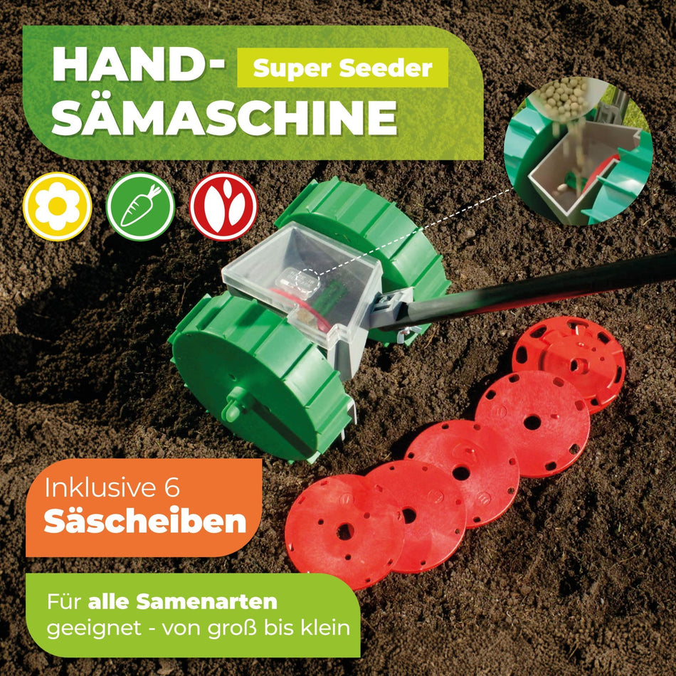 Handsämaschine "Super Seeder" mit manuell einstellbaren 6 Säscheiben - BioGreen GmbH