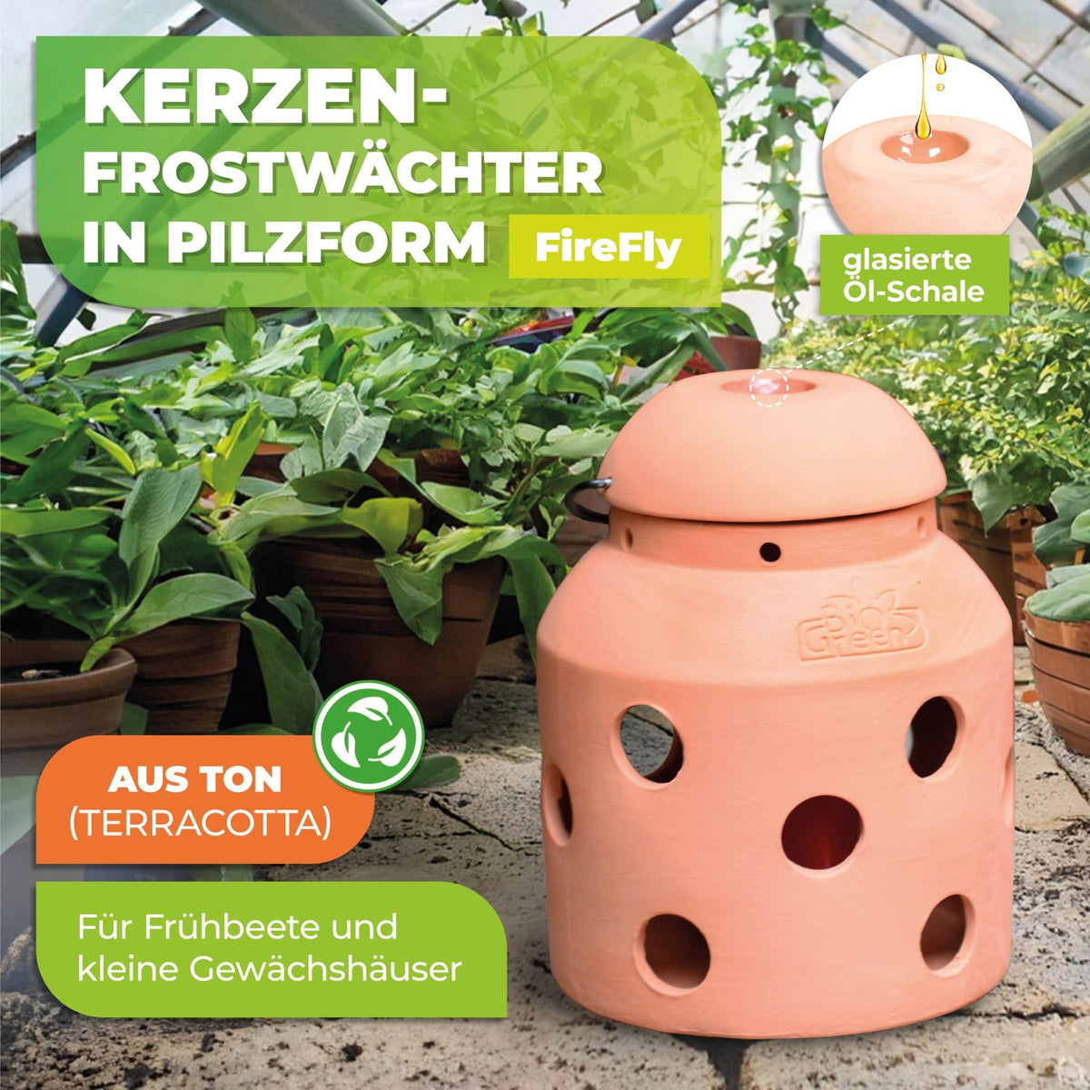 Ökologischer Kerzen - Frostwächter „FireFly“ in Pilzform aus Terracotta - BioGreen GmbH