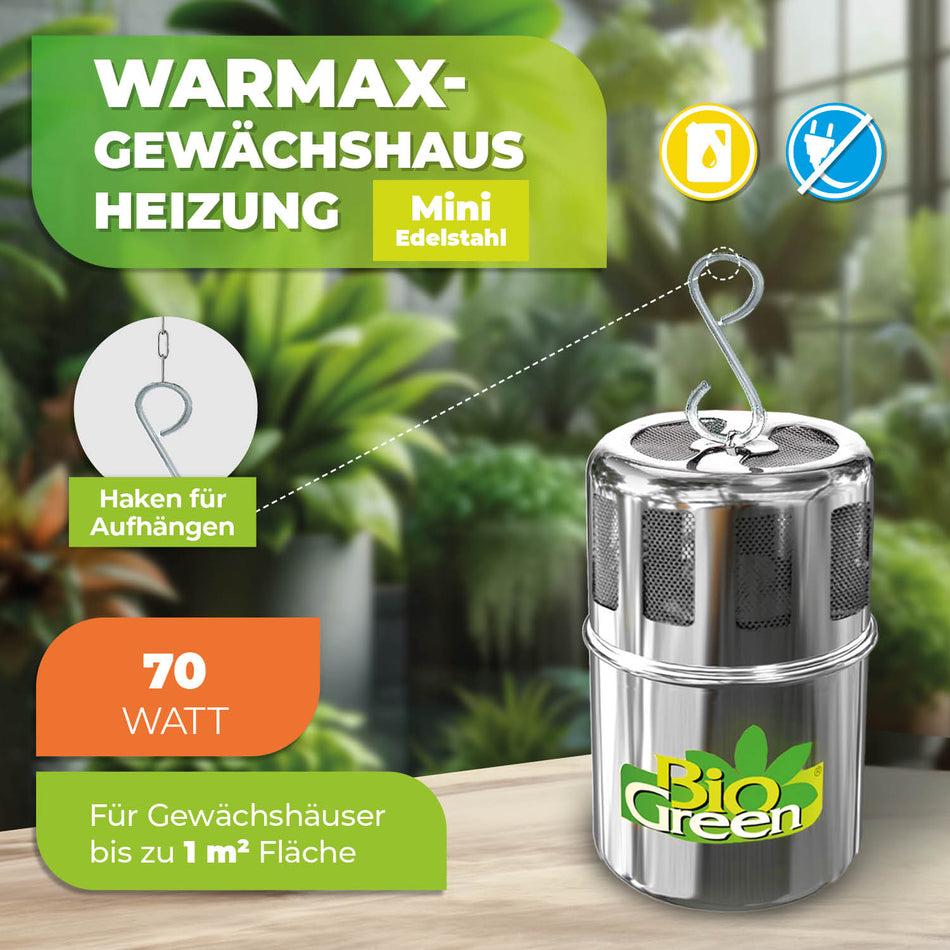 Paraffin Gewächshausheizung "Warmax Mini" Edelstahl 70 W  - BioGreen GmbH