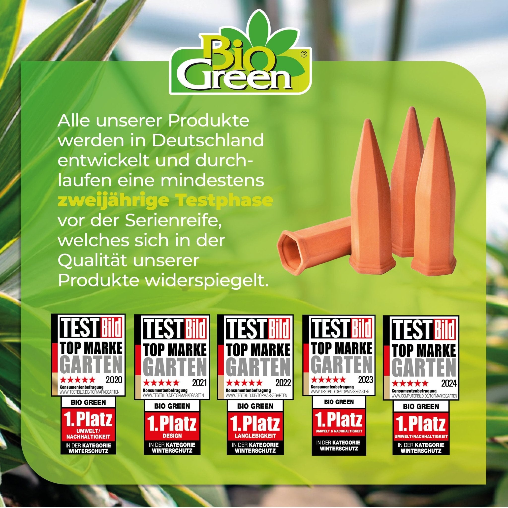 Topfpflanzenbewässerung „Hydro Wine“ 4 Stk. Tonkegel für Wein - & PET - Flaschen - BioGreen GmbH