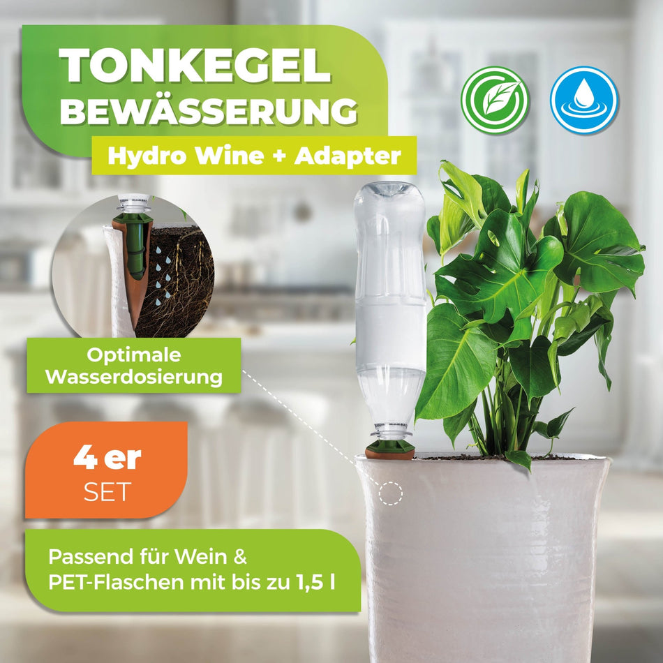 Topfpflanzenbewässerungs - SET „Hydro Wine + Adapter“ 4 Stk. Tonkegel für Wein - & PET - Flaschen - BioGreen GmbH