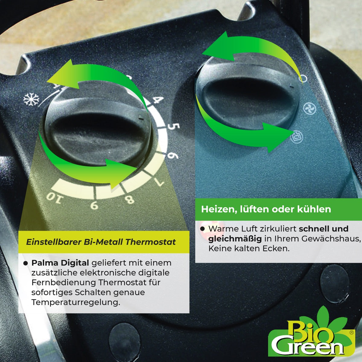 Bio Green Heizlüfter Palma mit manuellem Thermostat und Drehschaltern für Einstellungen