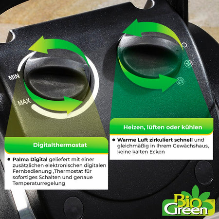 Bio Green Heizlüfter Palma mit Digital-Thermostat und Drehschaltern für Einstellungen
