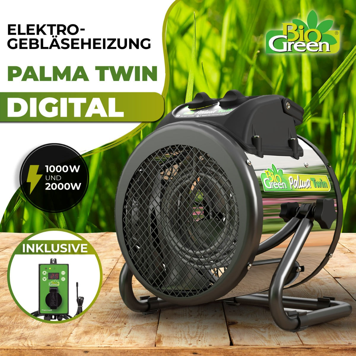Bio Green Heizlüfter / Elektro-Gebläse-Heizung Palma Twin mit digitalem Thermostat und 2 Heizstufen