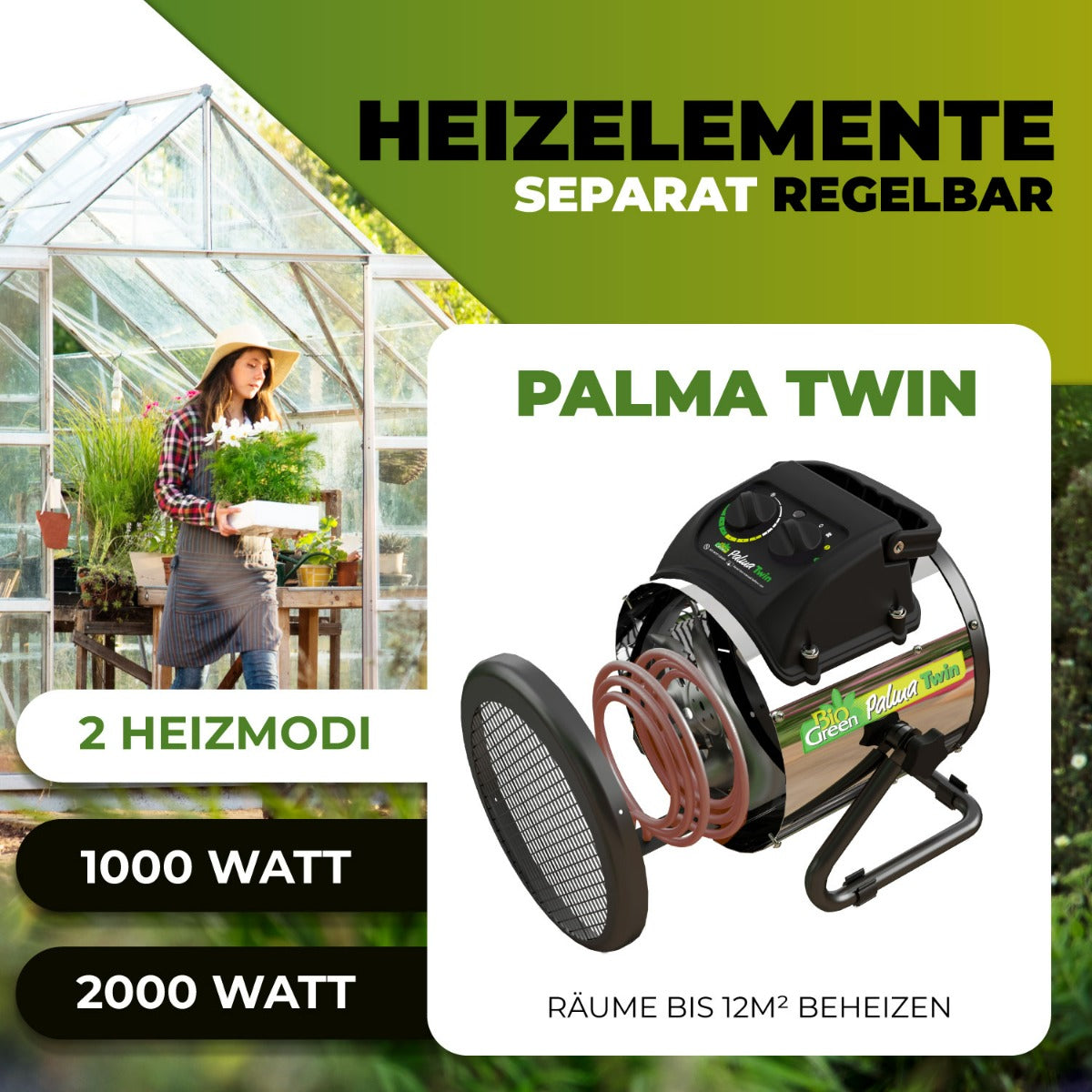 Bio Green Heizlüfter / Elektro-Gebläse-Heizung Palma Twin mit digitalem Thermostat und 2 Heizelementen