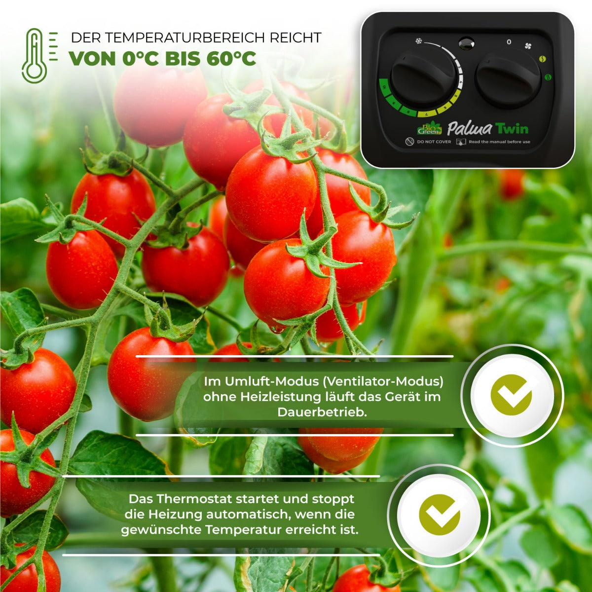 Bio Green Heizlüfter / Elektro-Gebläse-Heizung Palma Twin mit digitalem Thermostat und Umluft-Modus