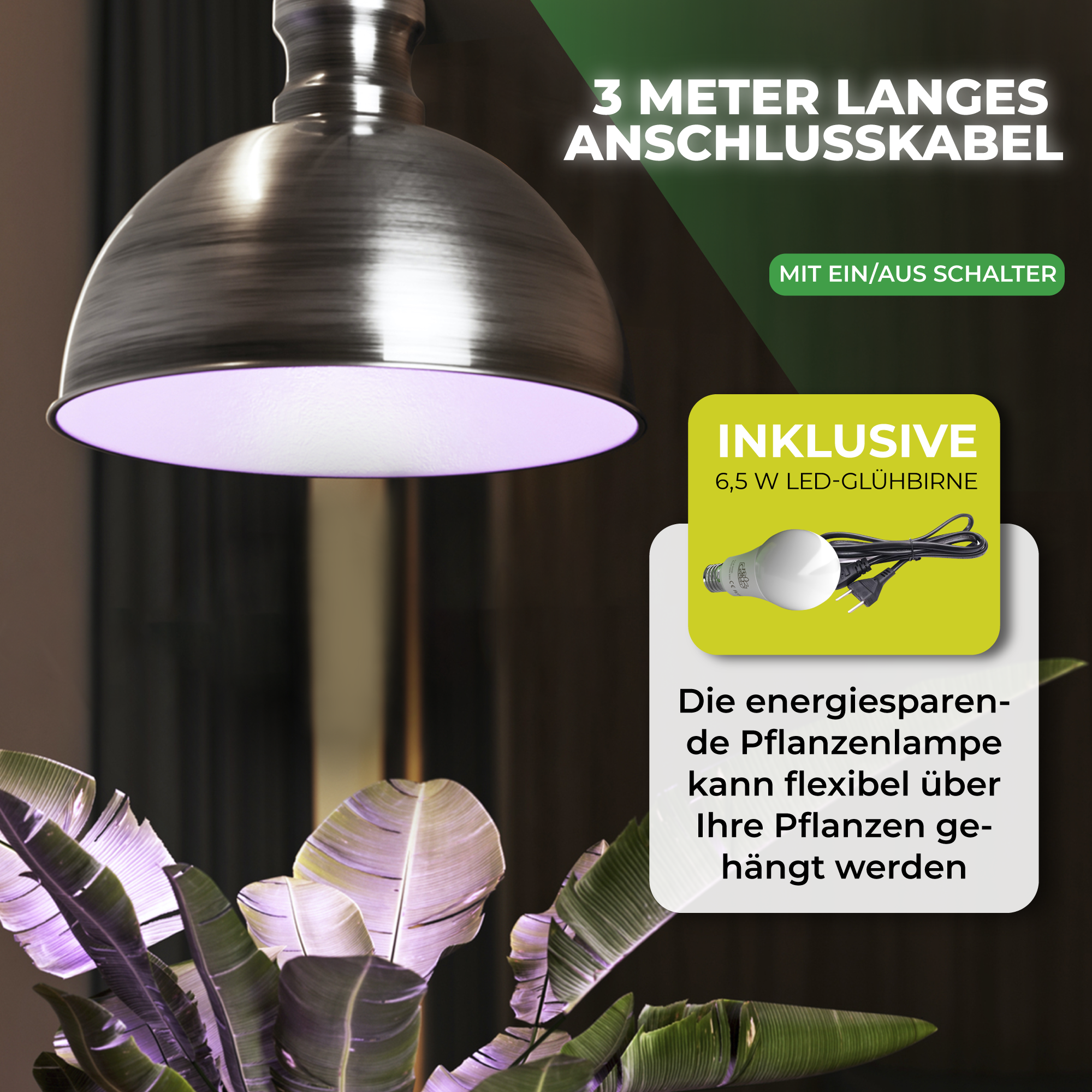 Bio Green LED-Pflanzenleuchte Florabooster 500 in Zink mit 3 Meter langem Anschlusskabel
