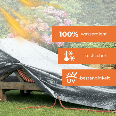 Rainexo Abdeckhaube für Gartenliege - 100% wasserdicht, frostsicher und UV-beständig - silbergrau