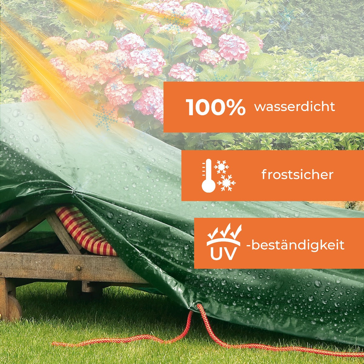 Rainexo Abdeckhaube für Gartenliege - 100% wasserdicht, frostsicher und UV-beständig - grün