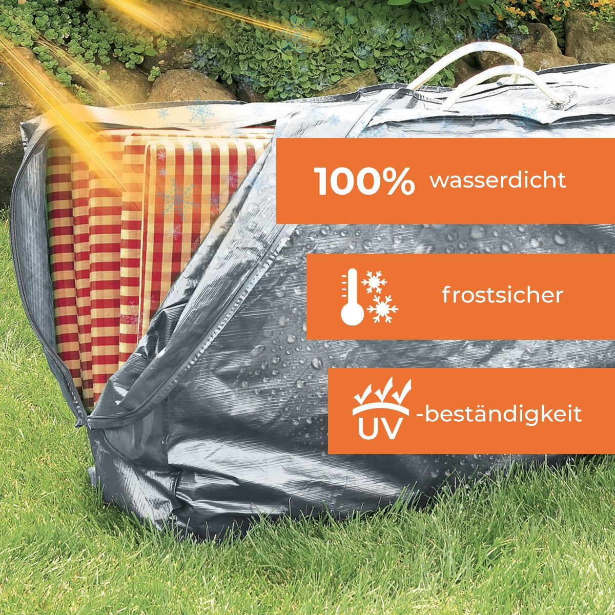 Rainexo Aufbewahrungshülle für Sitzkissen und Hochlehner-Auflagen - silbergrau - 100% wasserdicht, frostsicher und UV-beständig