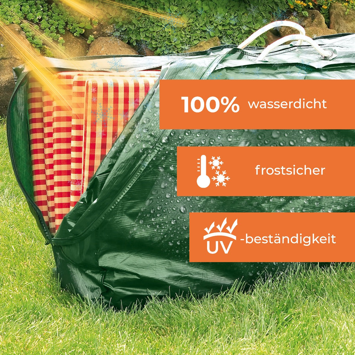 Rainexo Aufbewahrungshülle für Sitzkissen und Hochlehner-Auflagen - 100% wasserdicht, frostsicher und UV-beständig - grün
